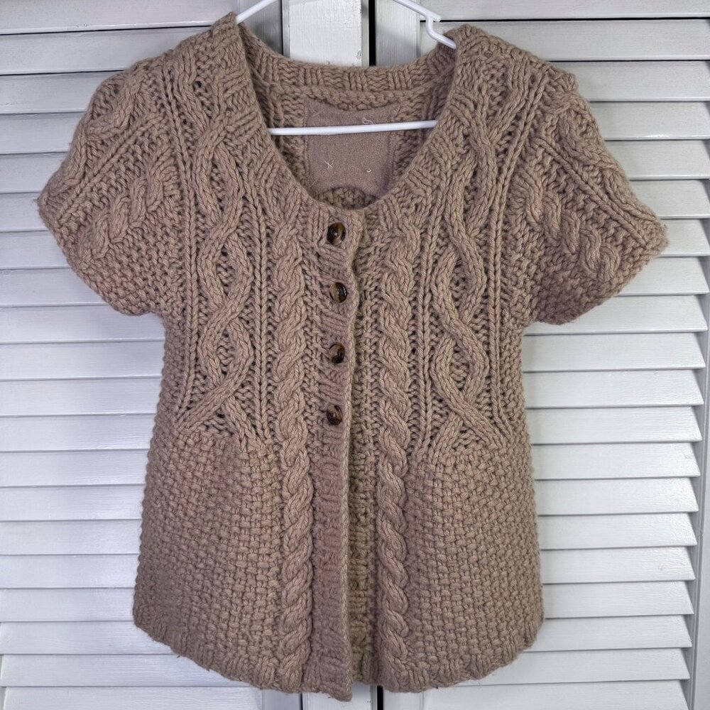Chunky Cable Knit Short-Sleeve Cardigan - Taupe